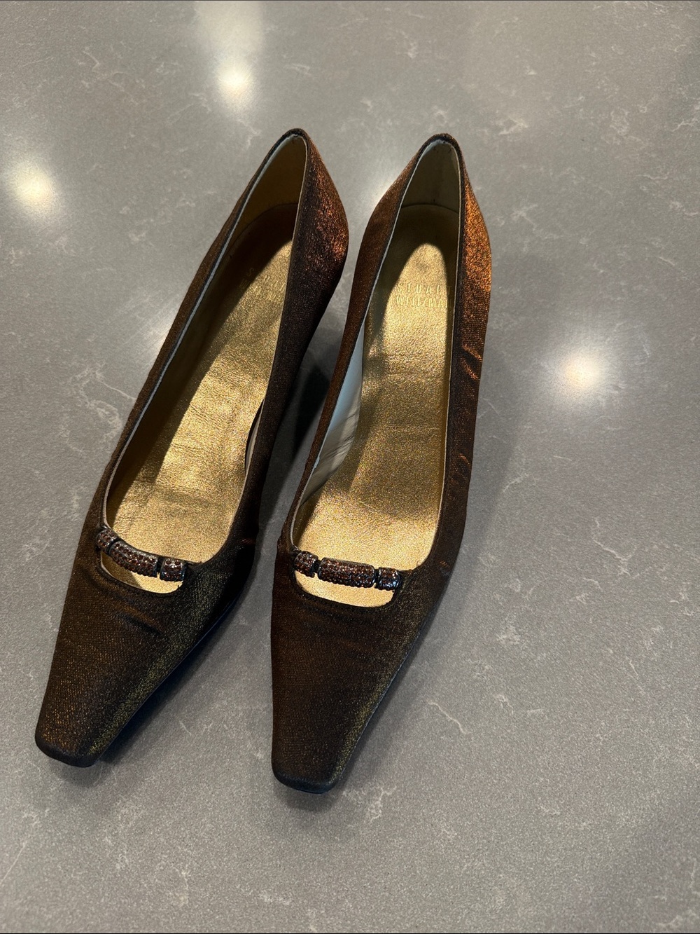 Stuart Weitzman Bronze Metallic Square-Toe Low Heels